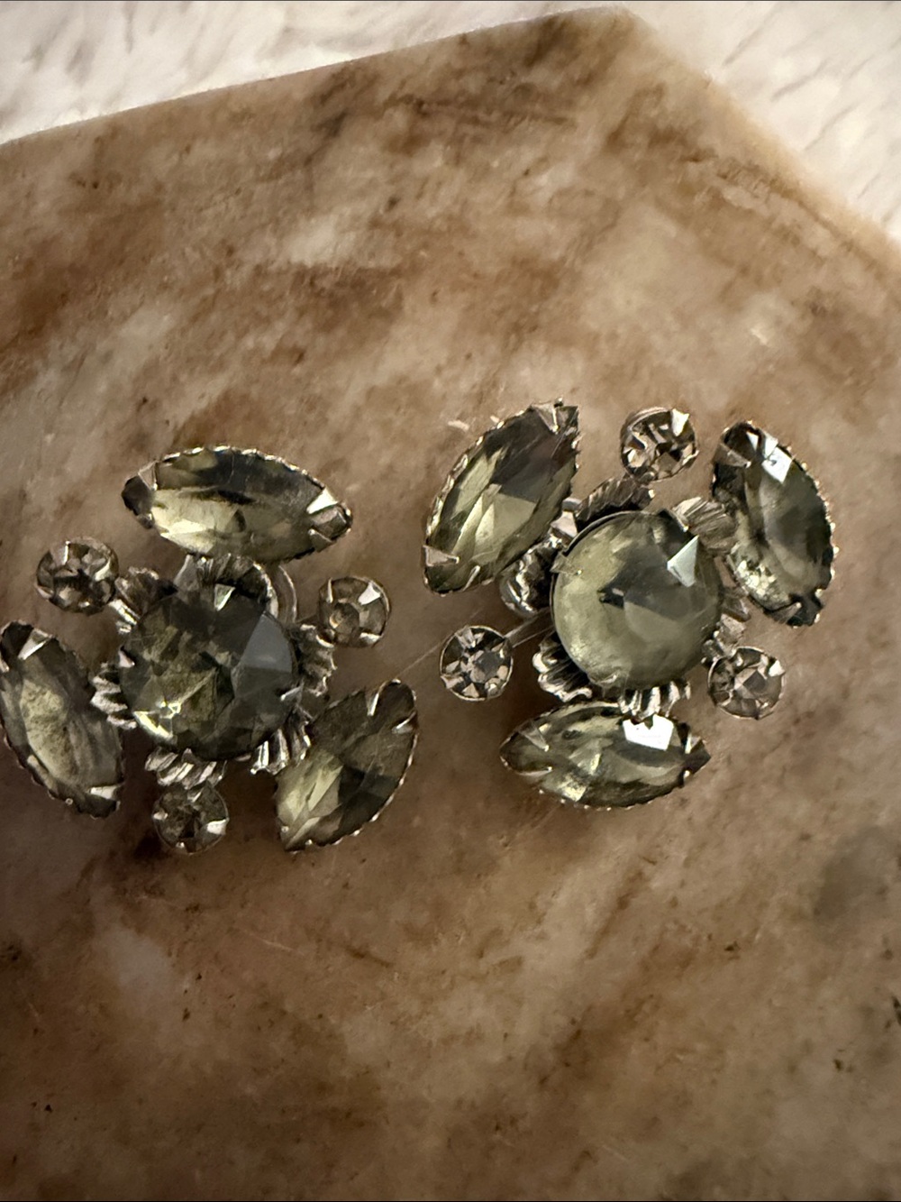 Vintage inspired Pale Green Crystal Cluster Clip Earrings